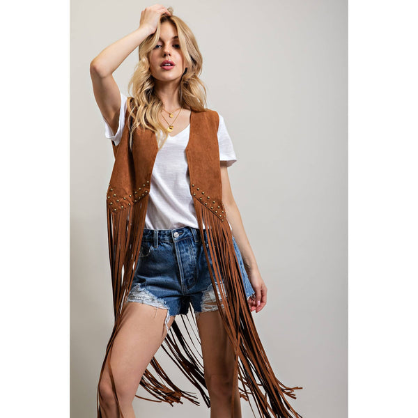 SUEDE STUDDED DETAIL FRINGE HEM VEST