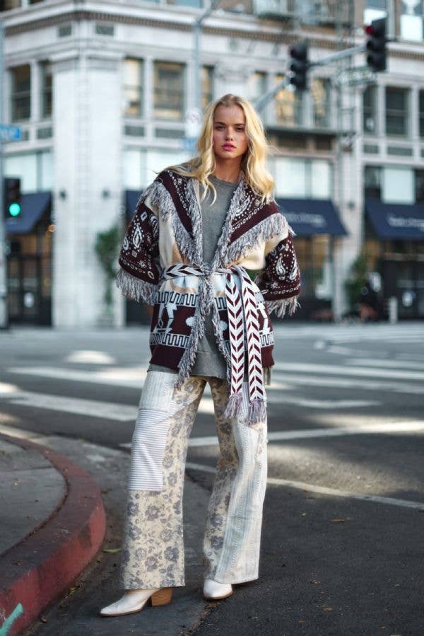 Fringe Trim Jacquard Knit Belted Cardigan: BLUE BROWN
