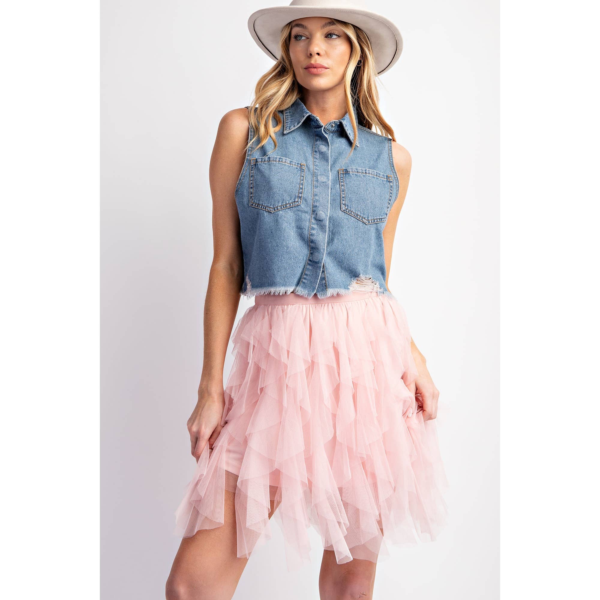 CASCADING TULLE MESH LAYERED MINI SKIRT: