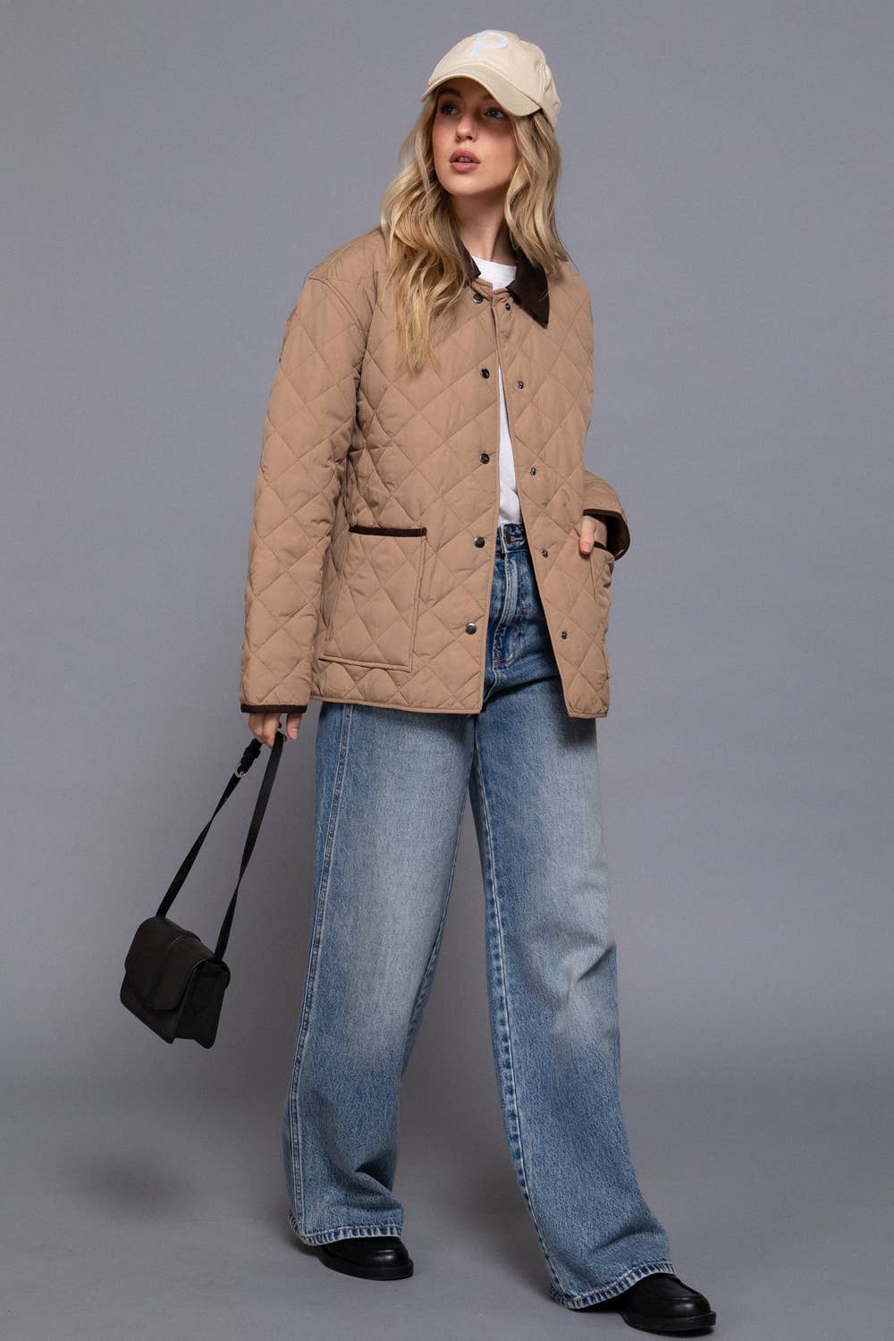 Long Sleeve Contrast Lapel Collar Quilted Puffer Work Jacket: