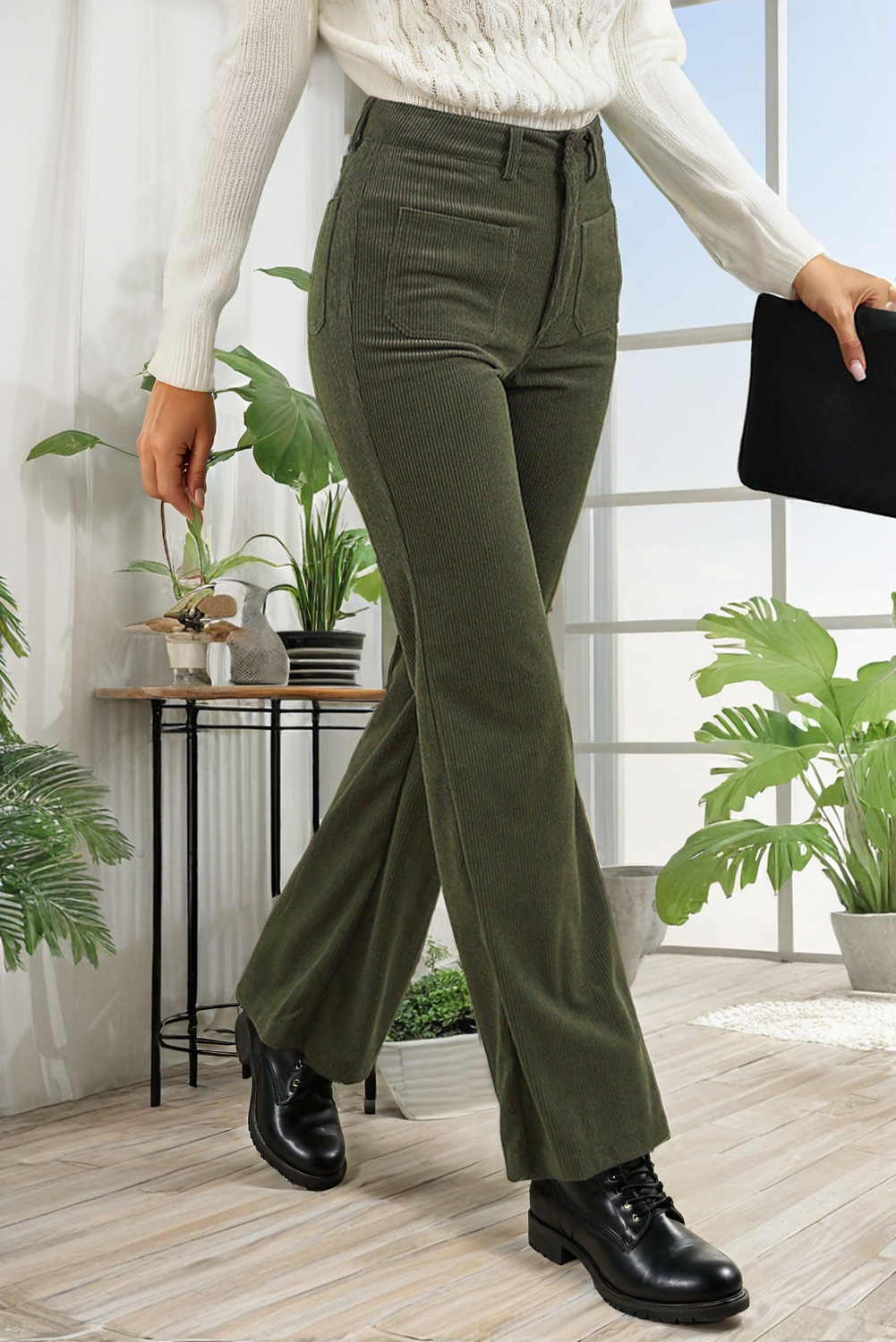 High Waist Square Pockets Corduroy Pants: Green