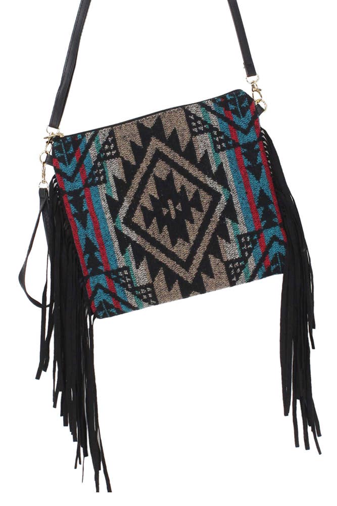 Aztec Pattern Tassel Crossbody Bag: Burgundy
