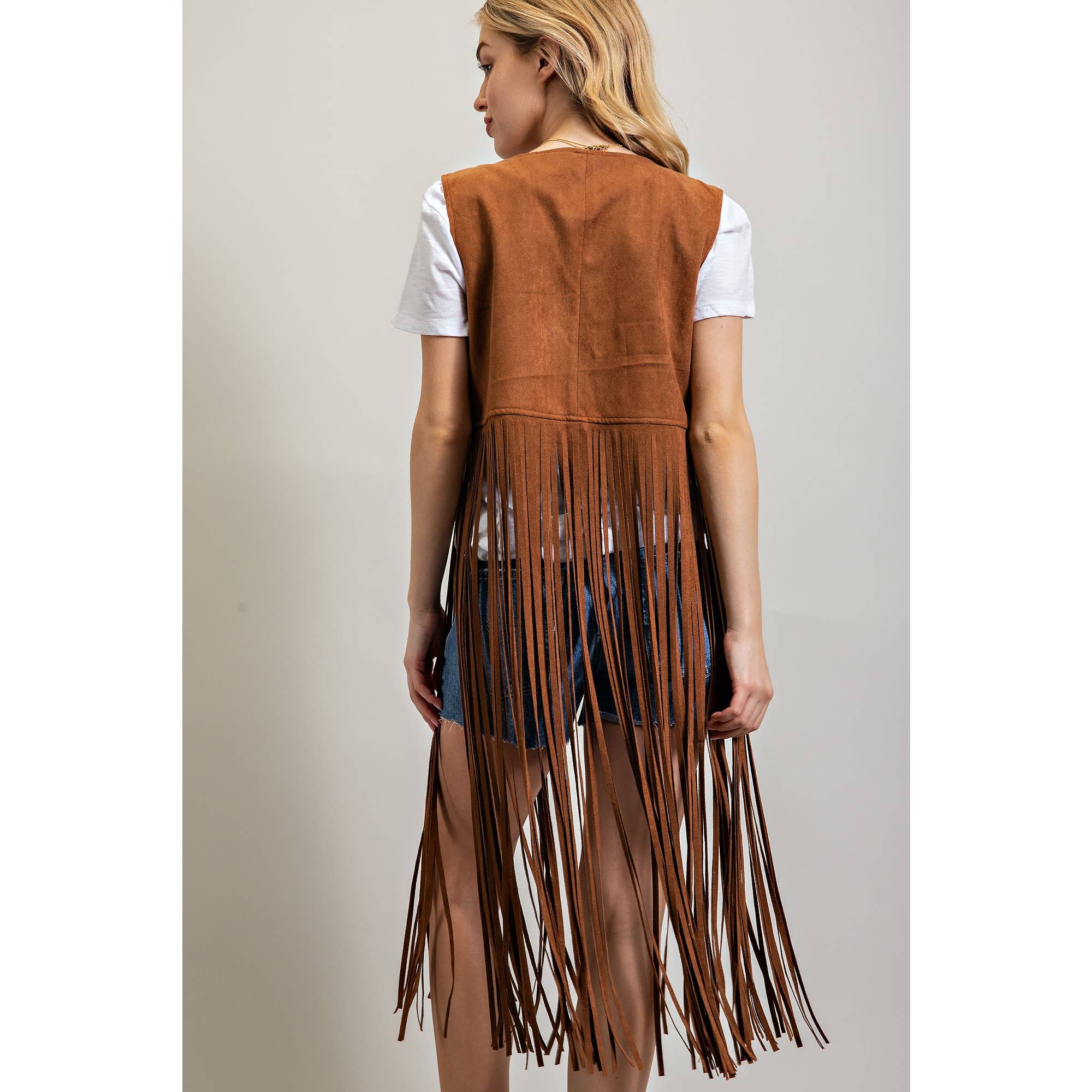 SUEDE STUDDED DETAIL FRINGE HEM VEST