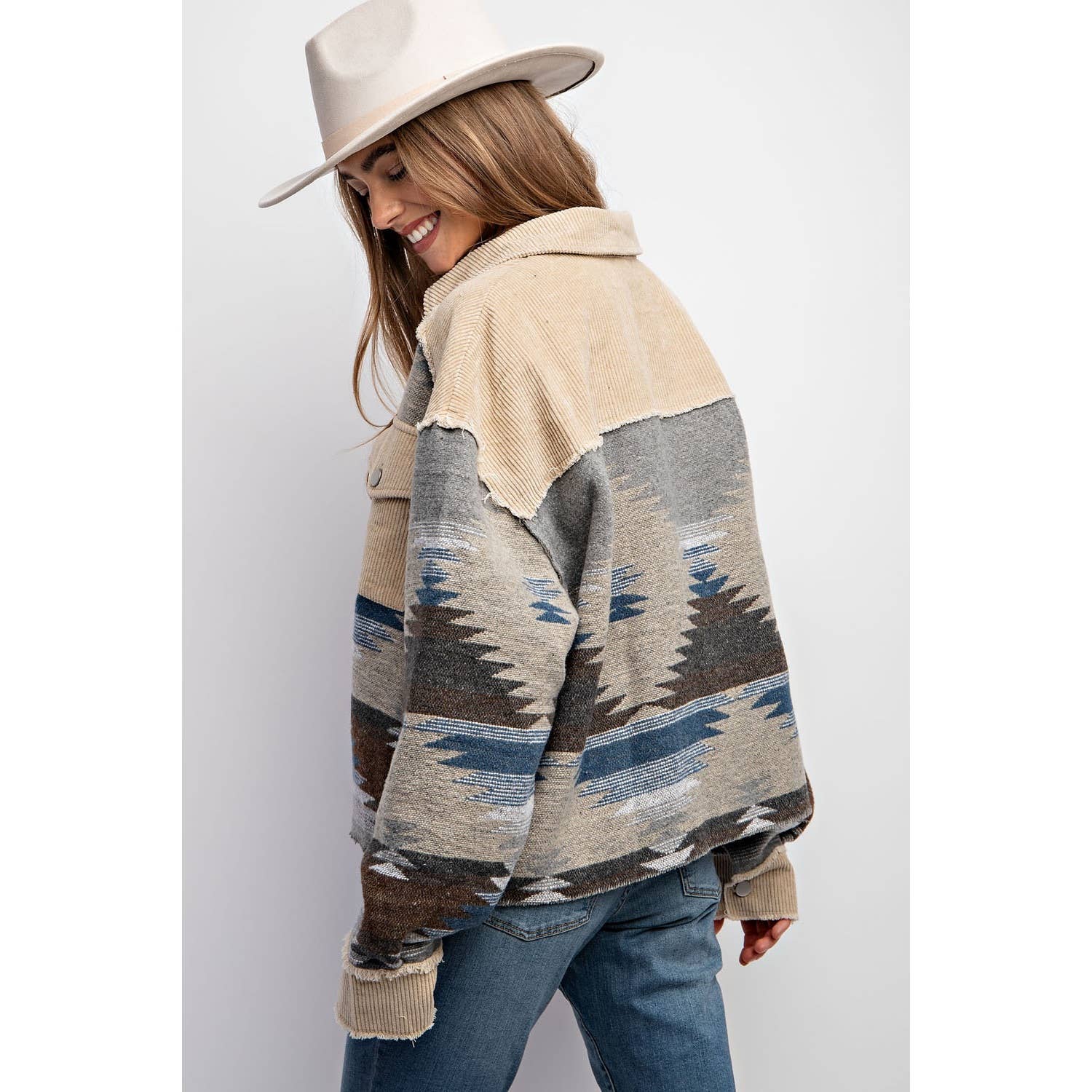 TRIBAL AZTEC PATTERN COLORBLOCK BUTTON DOWN SHIRT JACKET