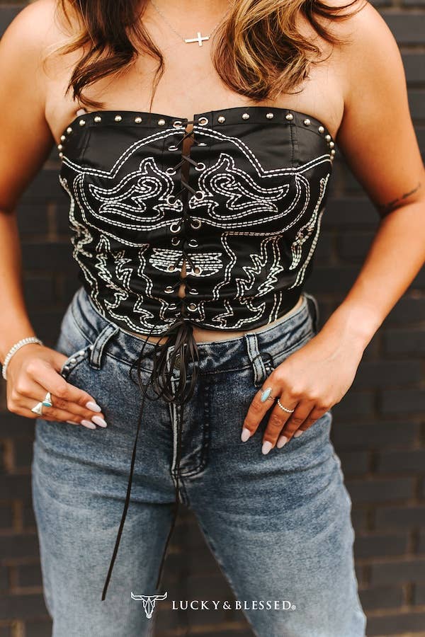 Black Faux Leather Studded Contrast Front Tie Corset Top: