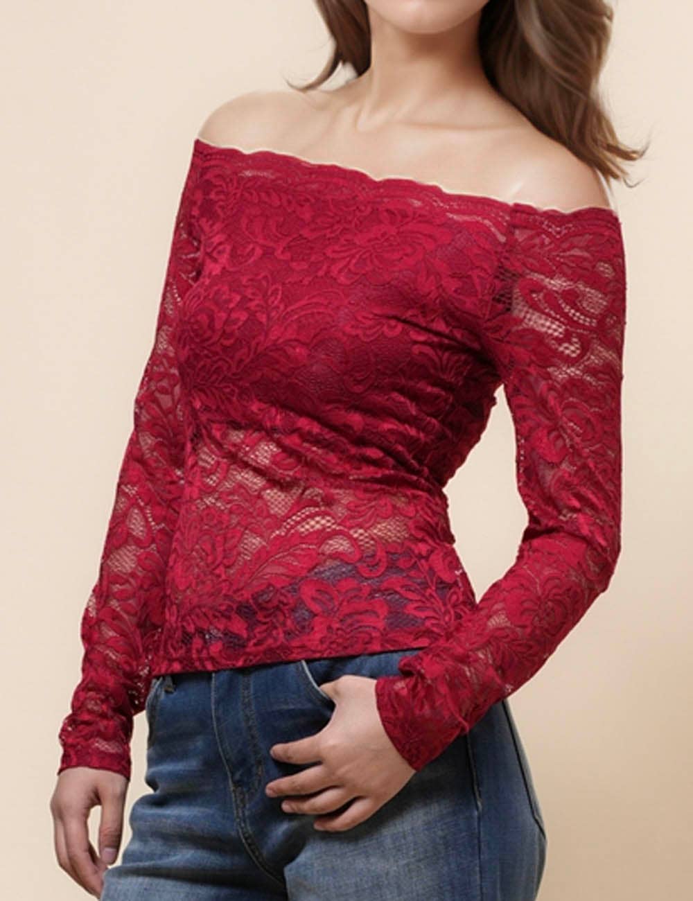 Ladies Floral Lace Off Shoulder See Sheer Layring Top