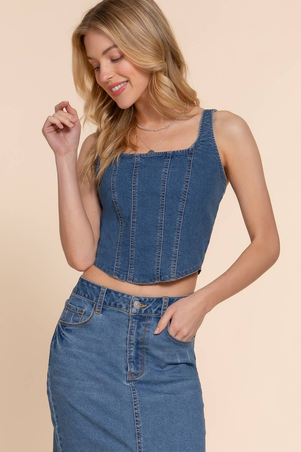 Front Lined Detail Back Zipper Stretch Denim Cami Top