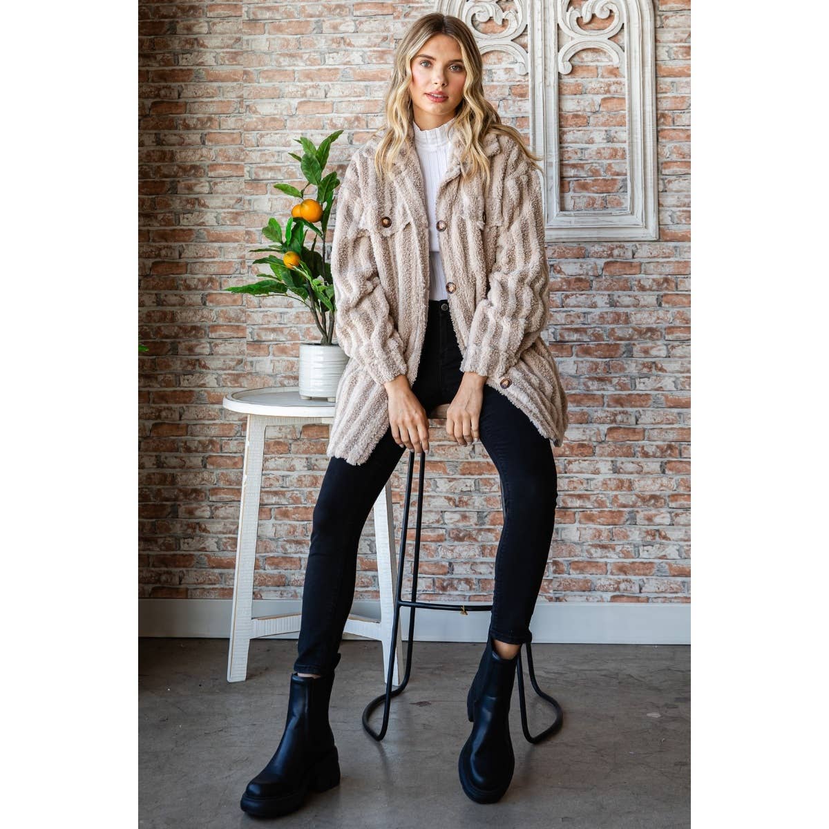 Stripe Sherpa Faux Fur Jacket: Taupe / L