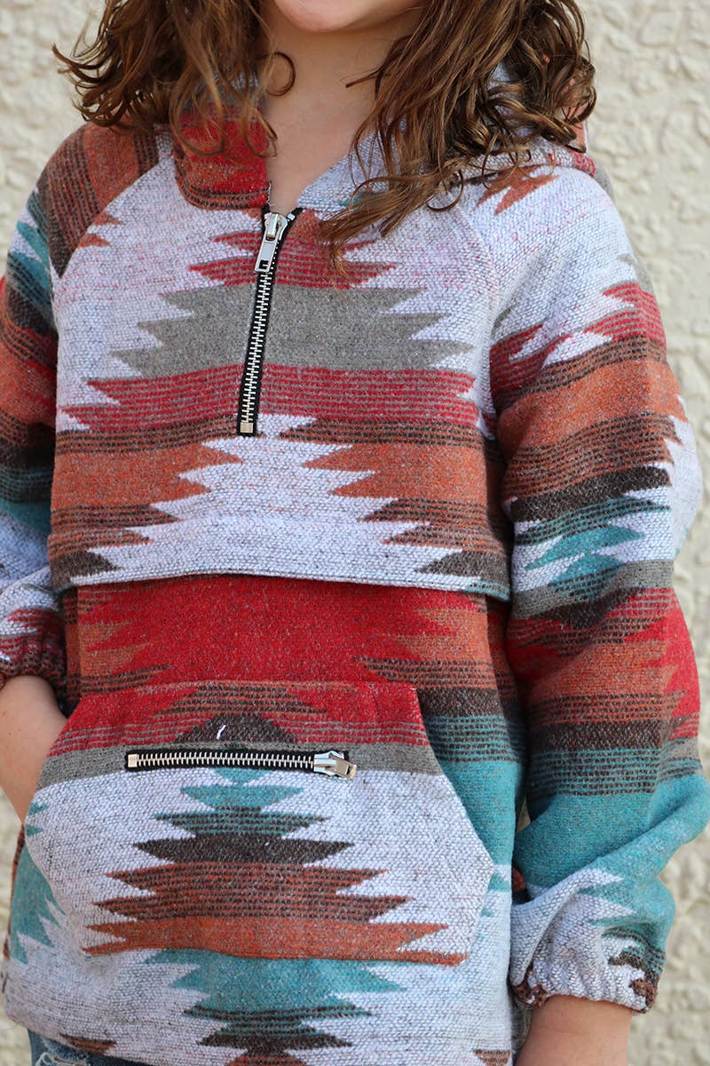 (GIRLS) AZTEC PRINTED PULLOVER WITH HOODIE.