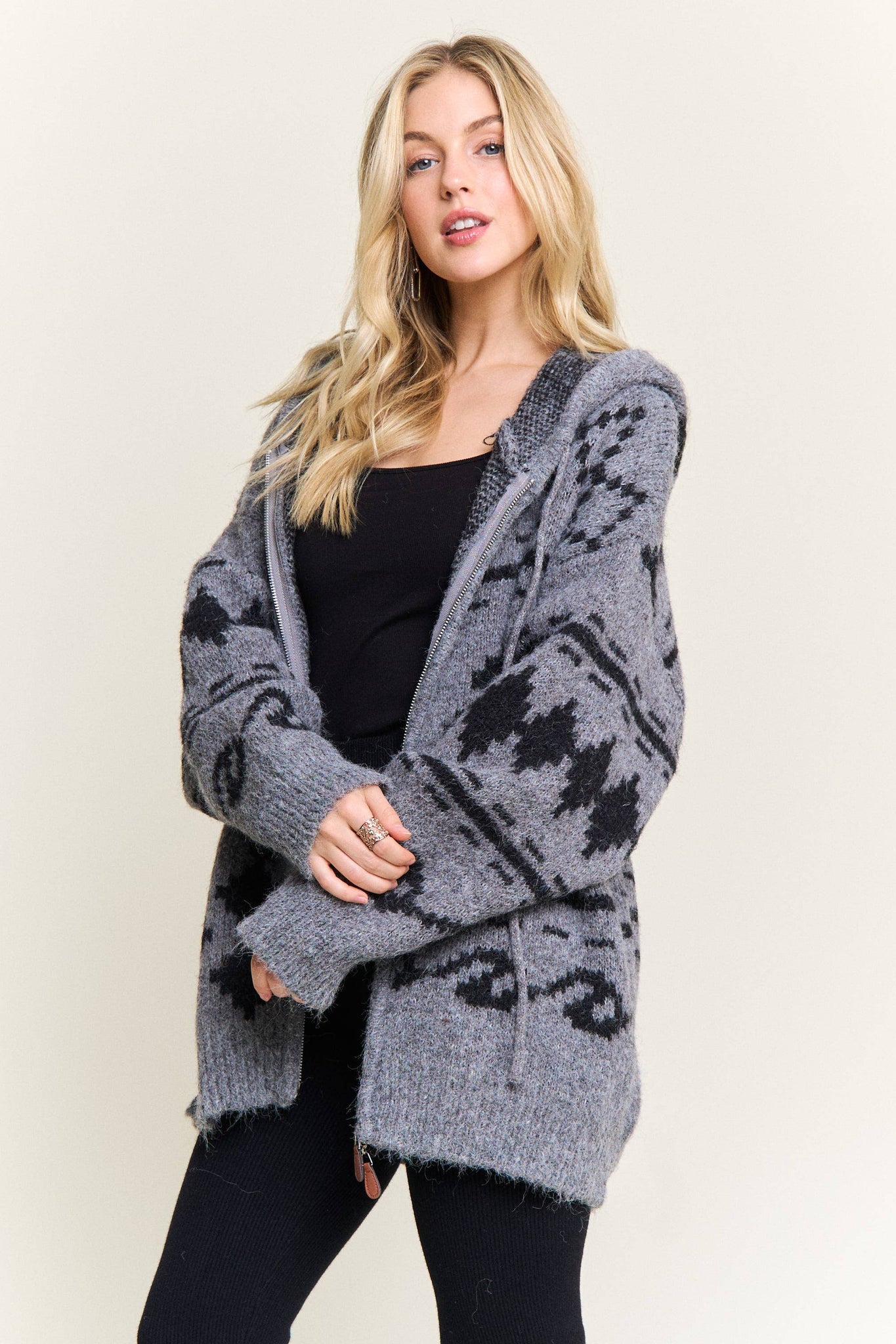 CESW4139-ZIP-UP AZTEC HOODED KNIT CARDIGAN:ONESIZE