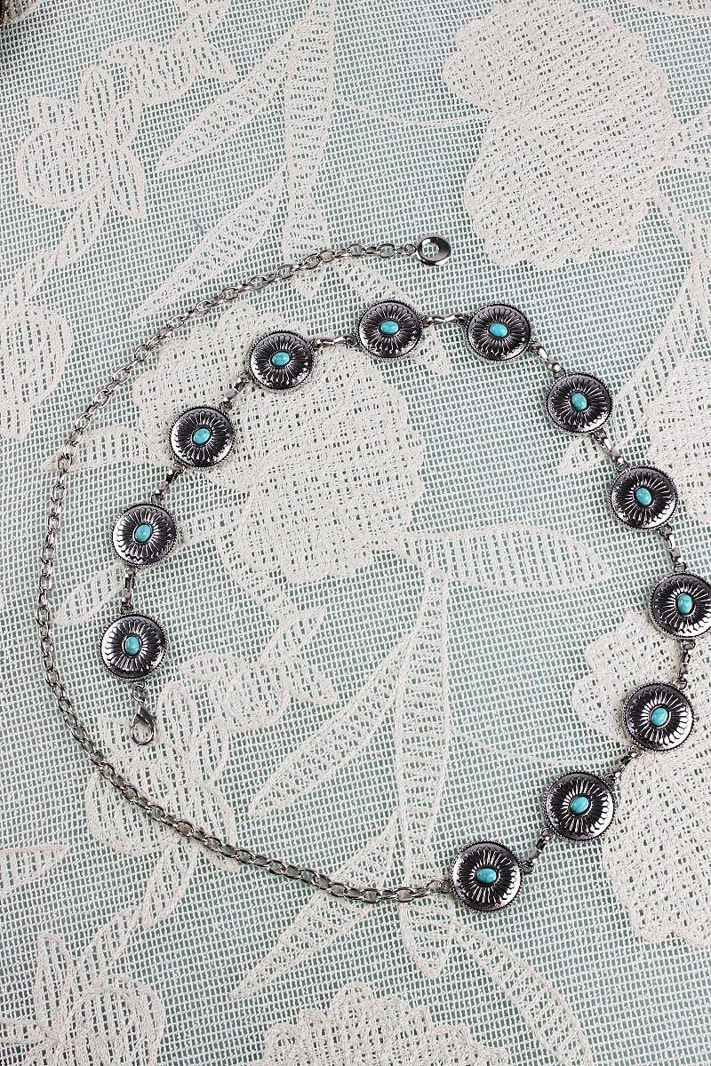 Vintage Turquoise Western Chain Belt – Classic Cowboy Elegan: Antique Silver