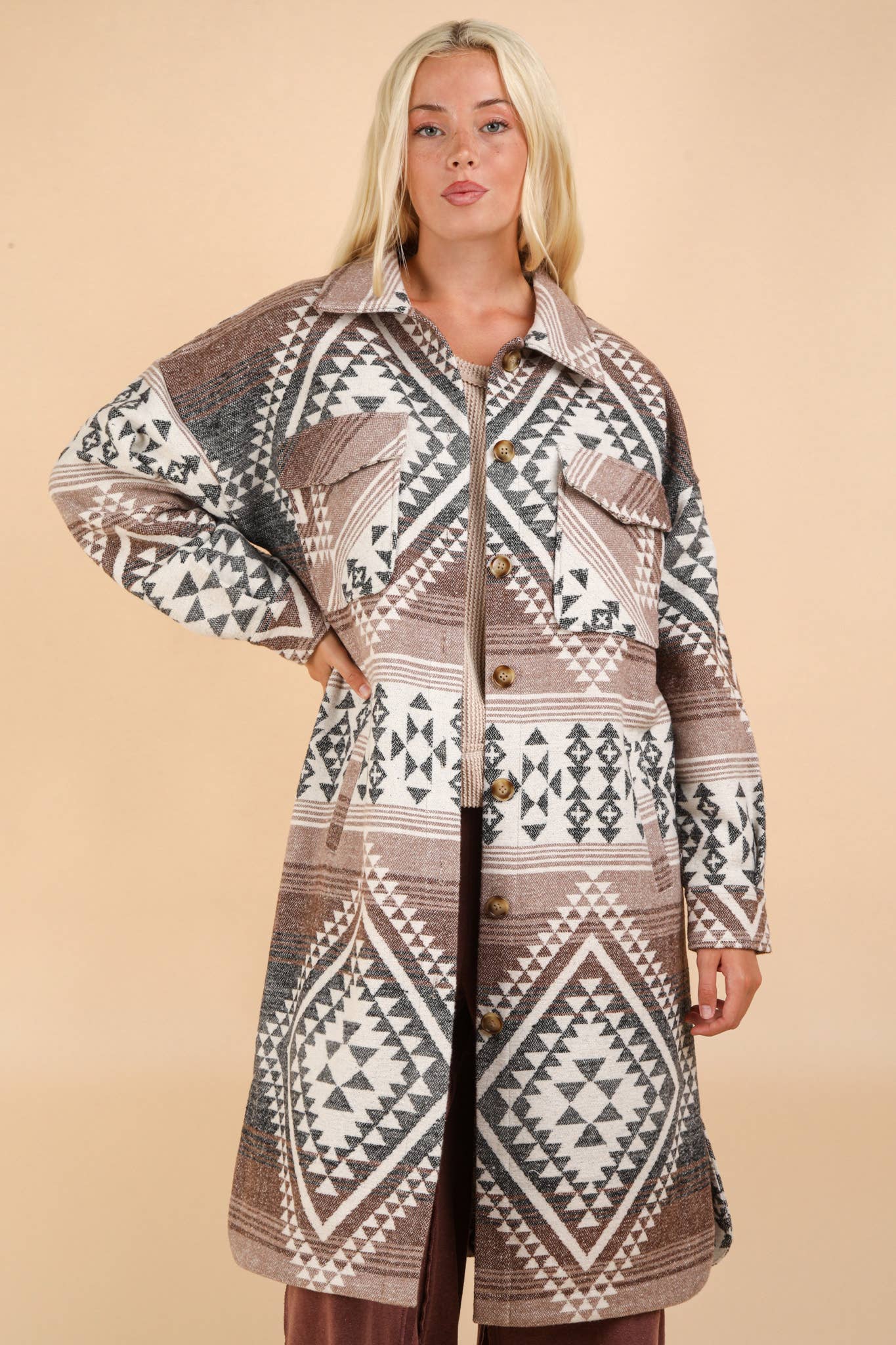 PLUS SIZE Aztec & Plaid Shacket Jacket Coat: BLACK MIX