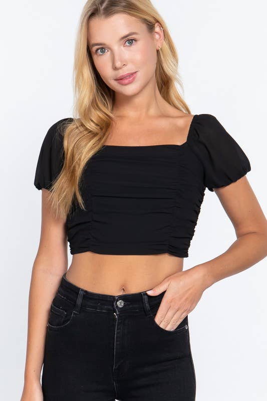 Straight Neck Ruched Cross Back Woven Top Black