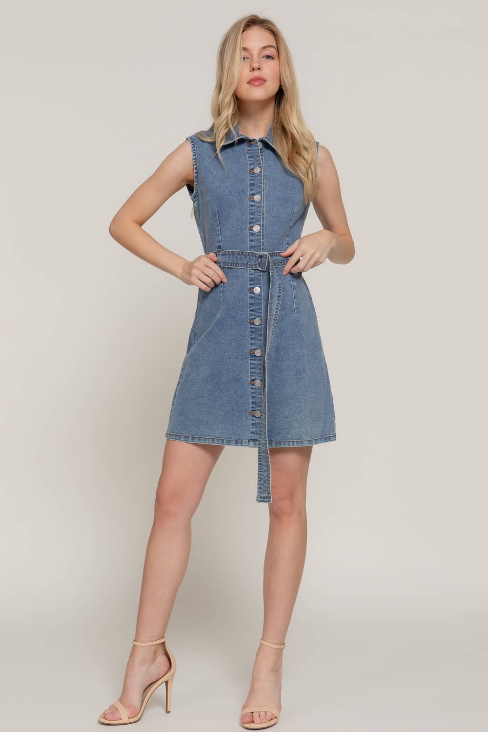 Sleeveless Button Down Stretch Denim Mini Shirt Dress: BLU-medium denim