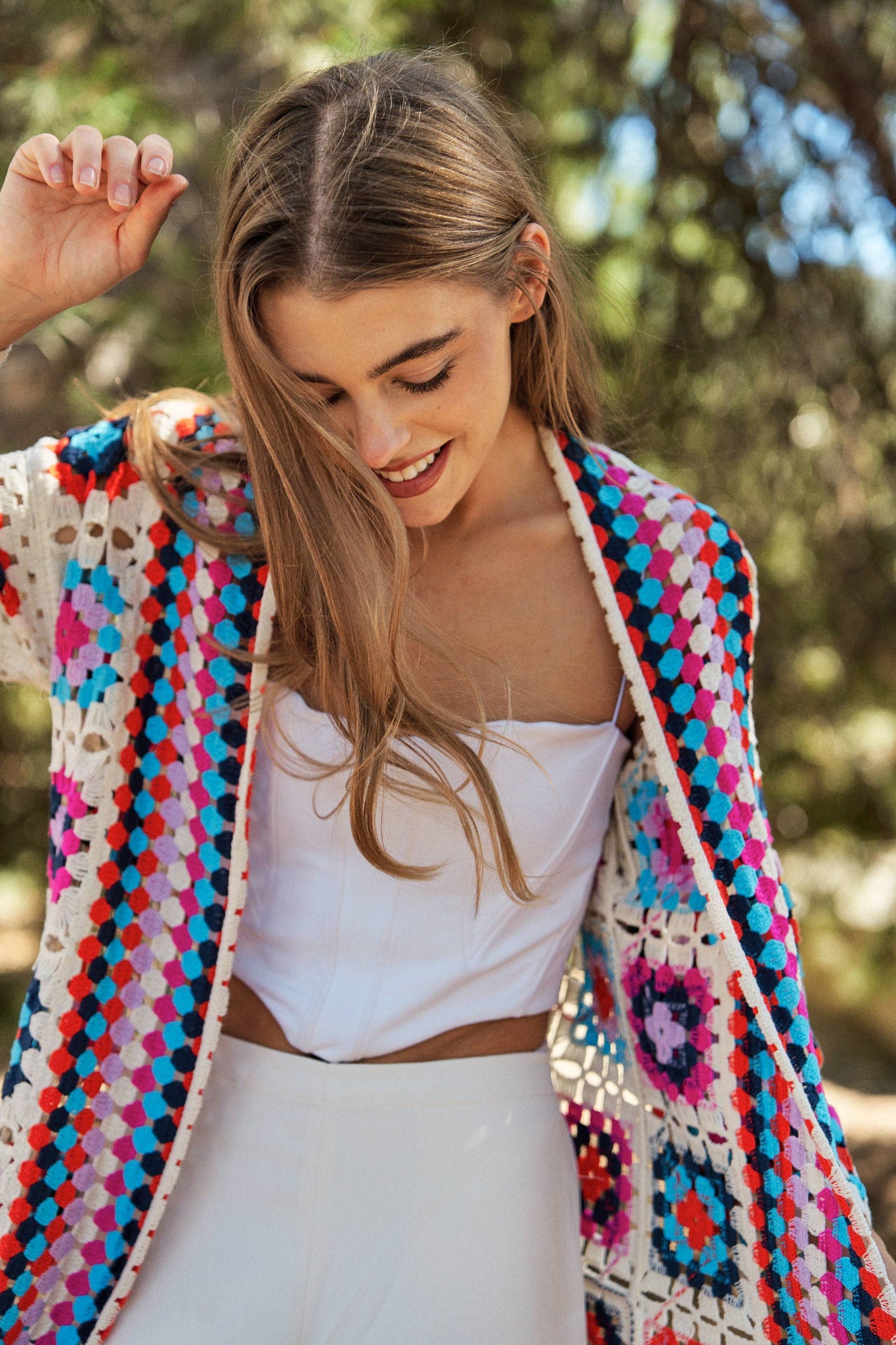 GRANNY SQUARE OPEN MIDI CROCHET KNIT CARDIGAN: ONE / White Multi