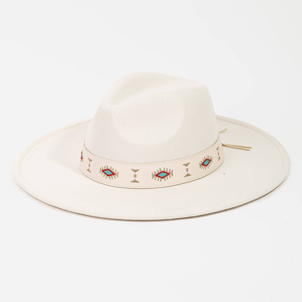 Tribal Boho Design Strap Fedora Hat: IVORY