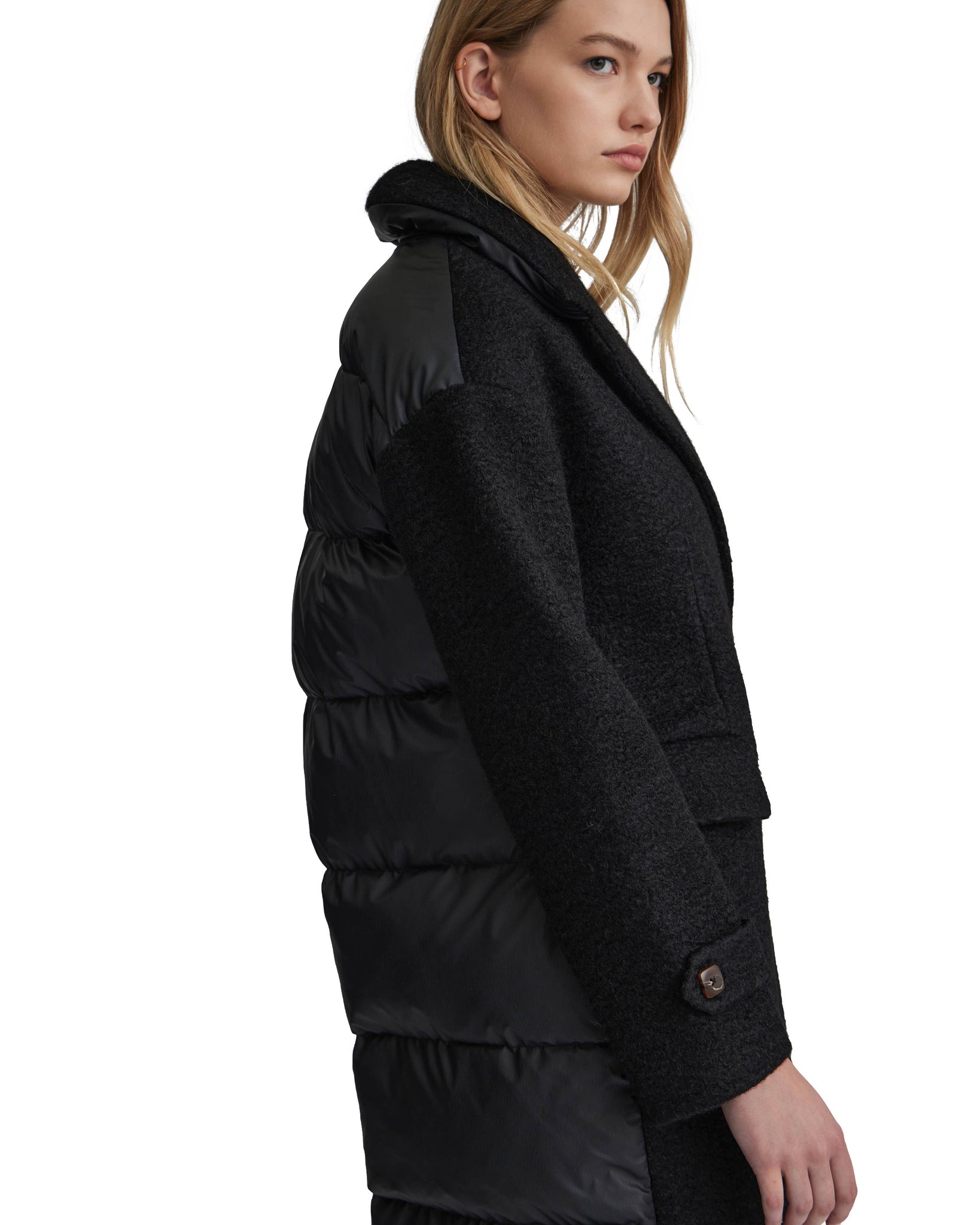 Y4715NVL - BOUCLE MIXED MEDIA PUFFER COAT: Black