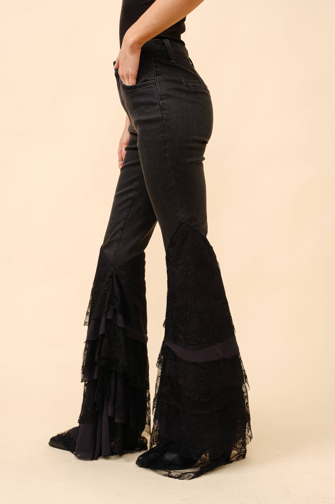 Mid Rise Lace Tiered Flare Denim Jeans