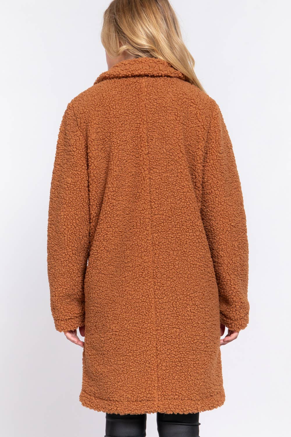 Long Sleeve Double Breasted Faux Fur Teddy Coat: Kha-Camel