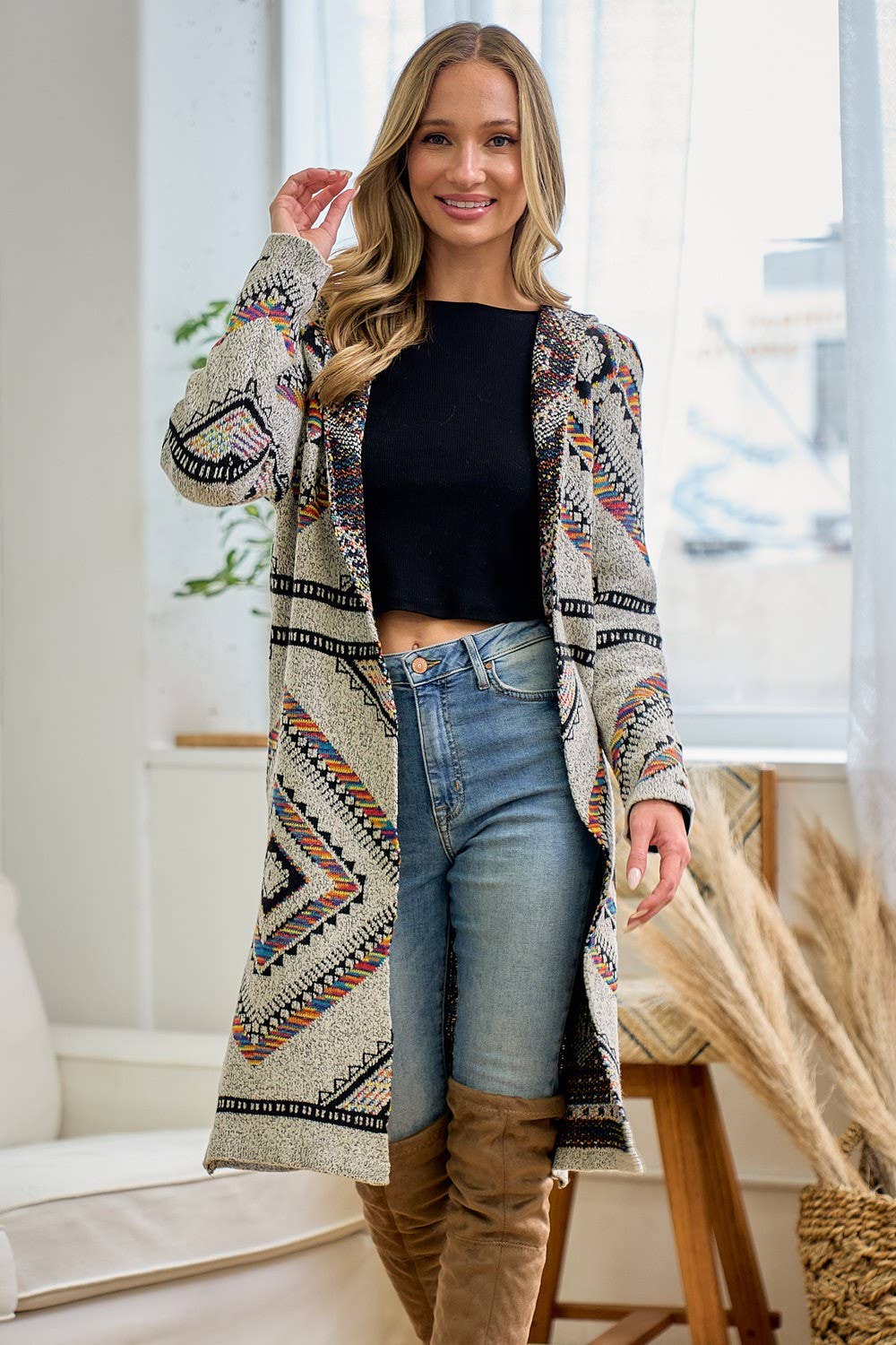 Rainbow Multi Diamond Long Sleeve Long Cardigan WITH HOOD