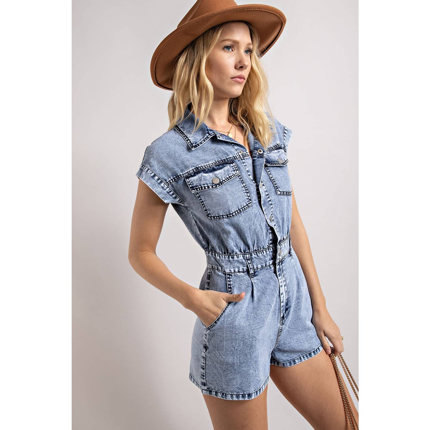 Denim Collared Button Down Romper