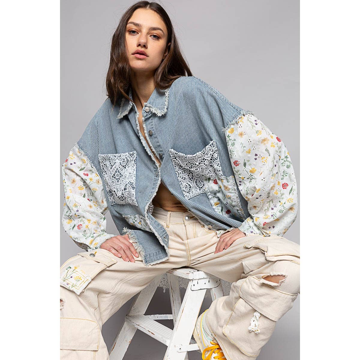 Floral print long sleeve crochet patches shacket: STRIPE DENIM