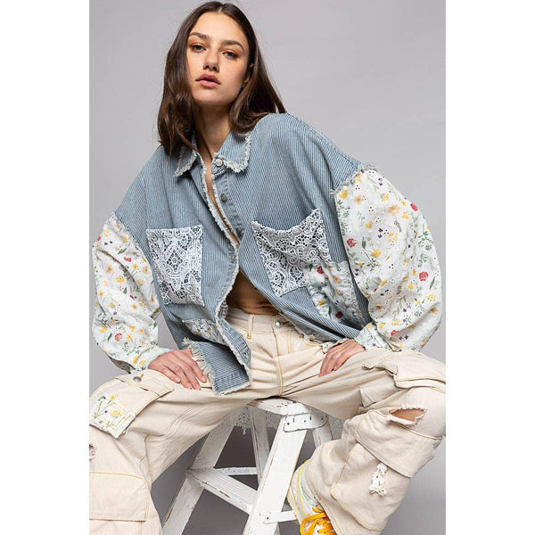 Floral print long sleeve crochet patches shacket: STRIPE DENIM
