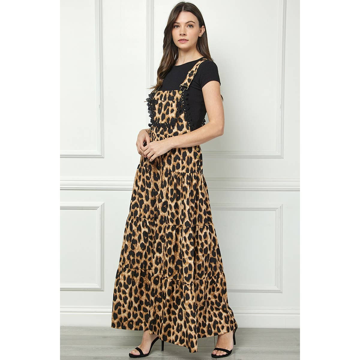 Embroidered Strap Flowy Jumpsuit: Leopard