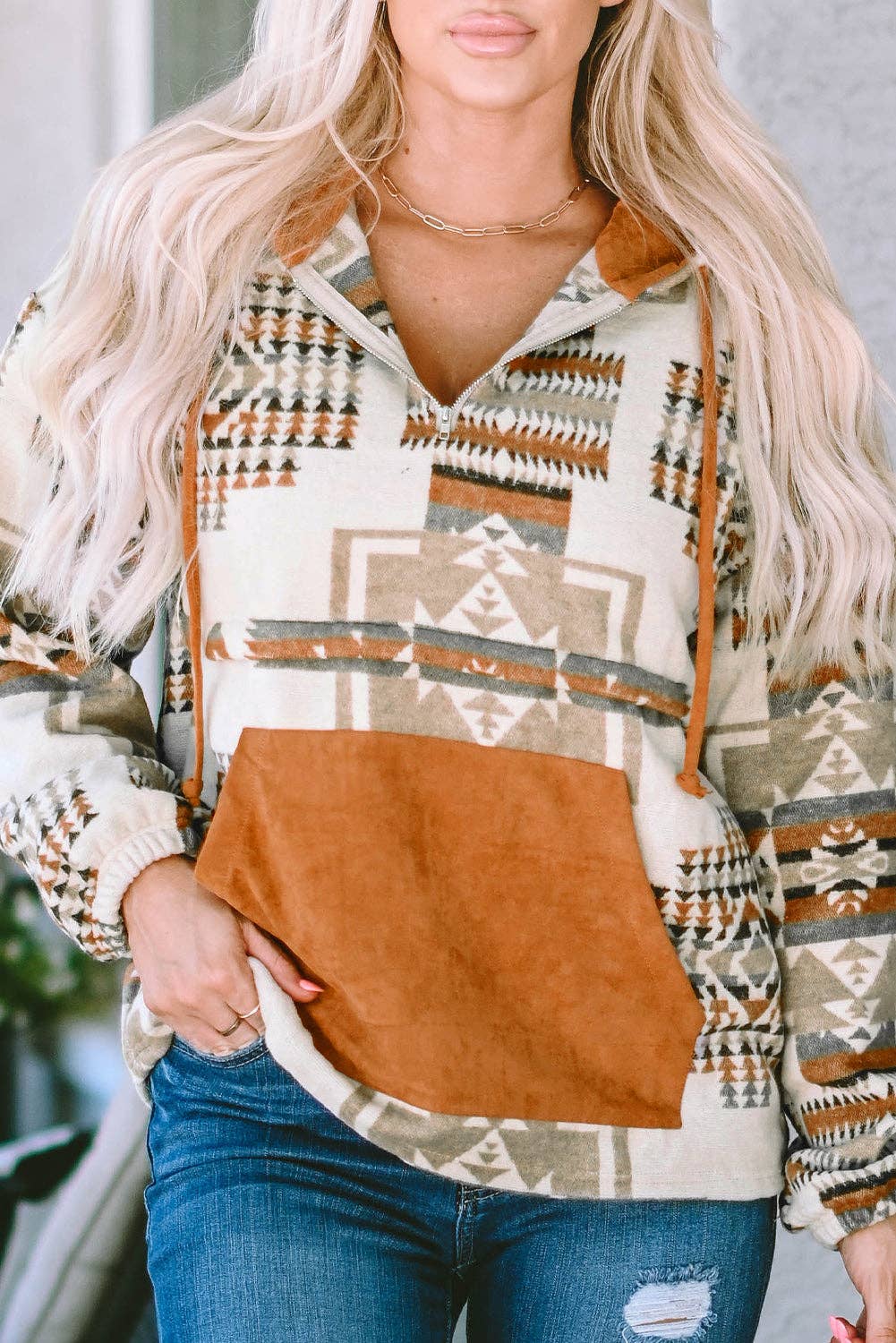 Beige Aztec Print Kangaroo Pocket Half-Zip Hoodie: Beige / 100%Polyester / M