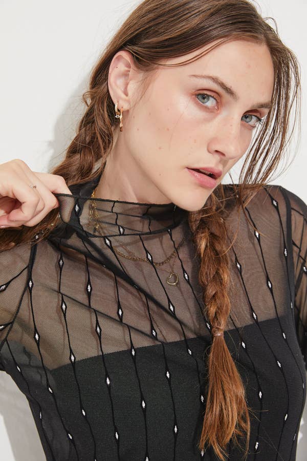 PLUS SIZE MOCK NECK MESH FLOCKED TOP: BLACK