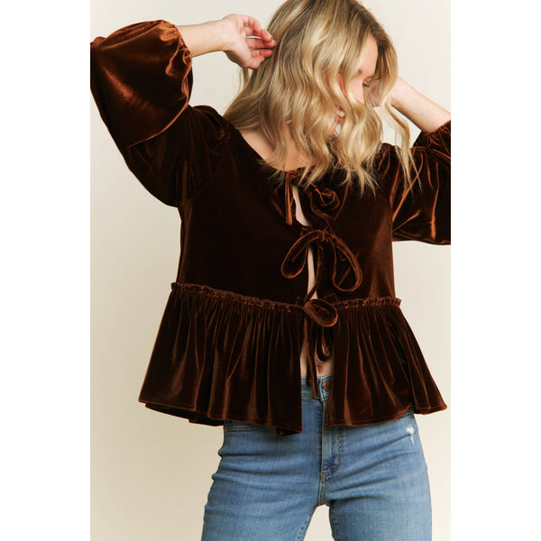 VELVET OPEN FRONT BABYDOLL LONG SLEEVE BLOUSE WITH BOW DETAIL
