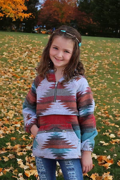 (GIRLS) AZTEC PRINTED PULLOVER WITH HOODIE.