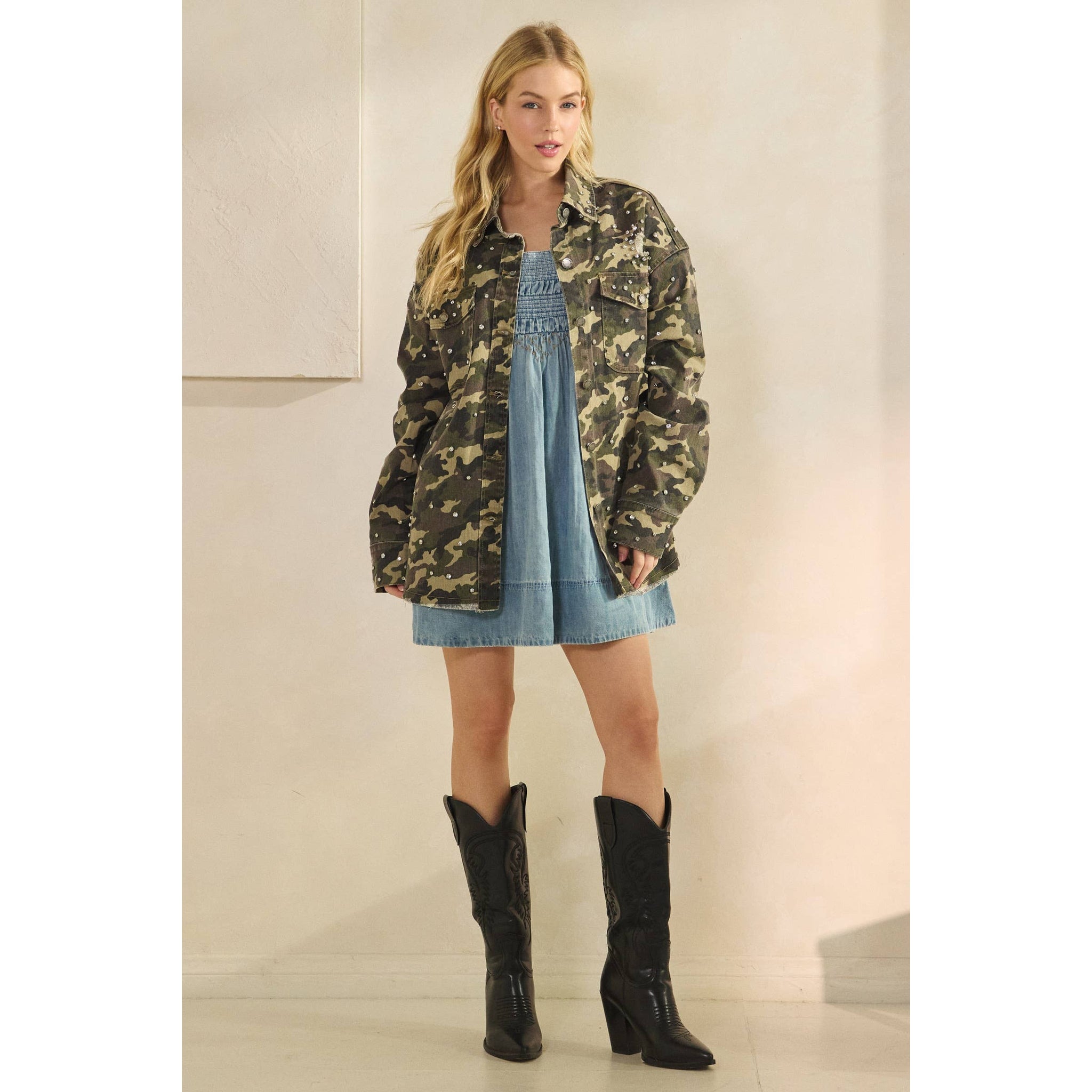 Printed Rhinestone Denim Jacket: Camo