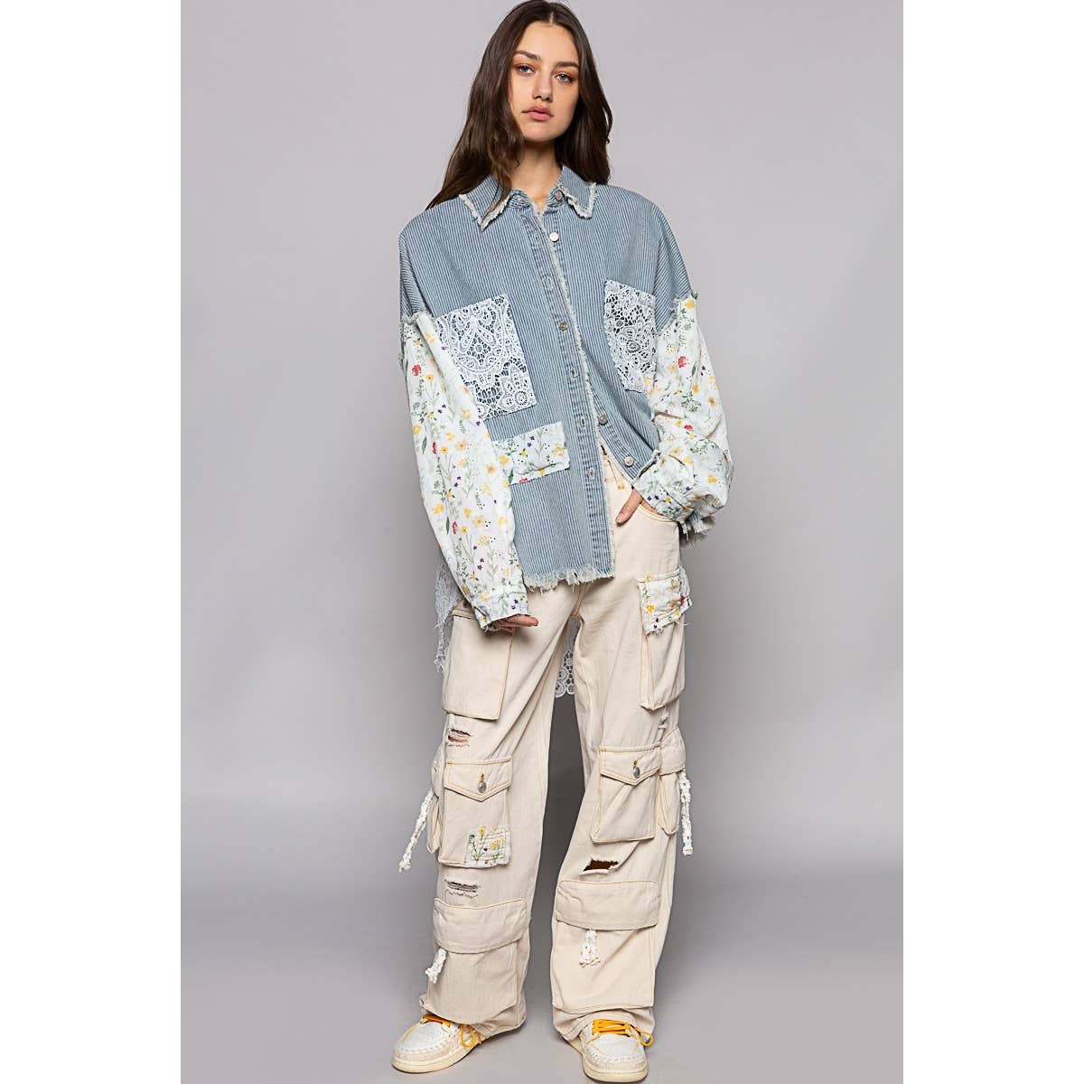 Floral print long sleeve crochet patches shacket: STRIPE DENIM