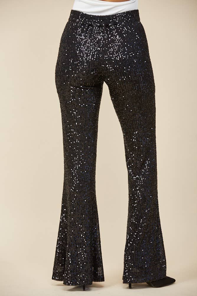SEQUINS FLARED LEG PANTS 2405PIC BLACK: Black
