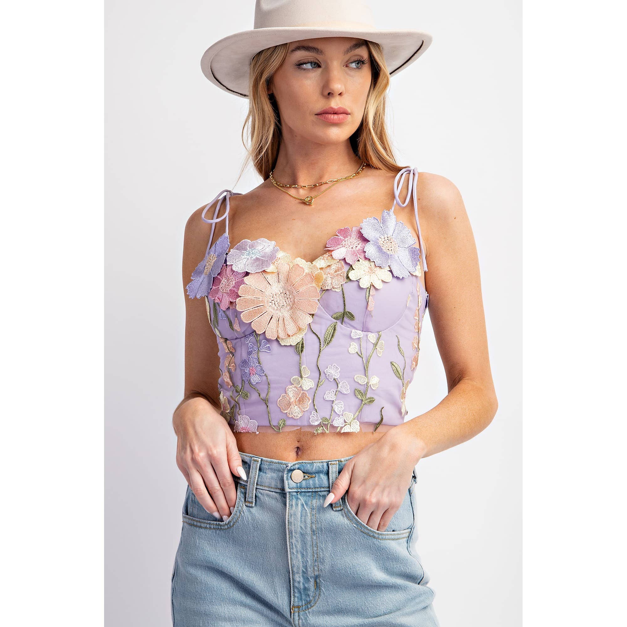 3D FLOWER EMBROIDERY TANK TOP: Lavender