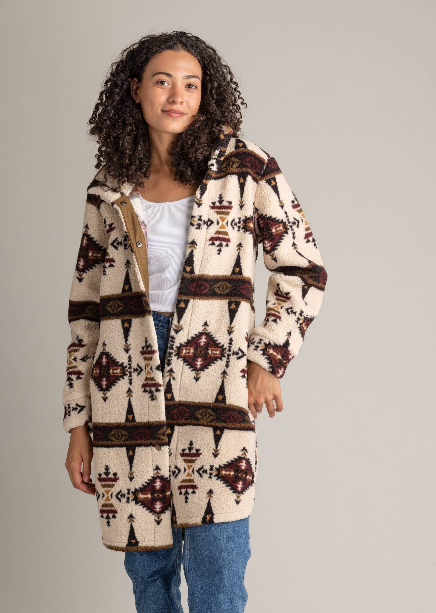 Women's Ainsley Long Ultra Plush Sherpa Shacket: Sepia Totem Aztec