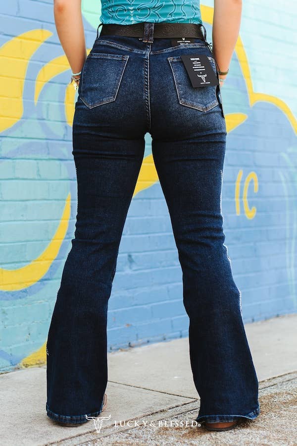 Dark Wash Tummy Control Boot Stitch Embroidery Jeans (32in)