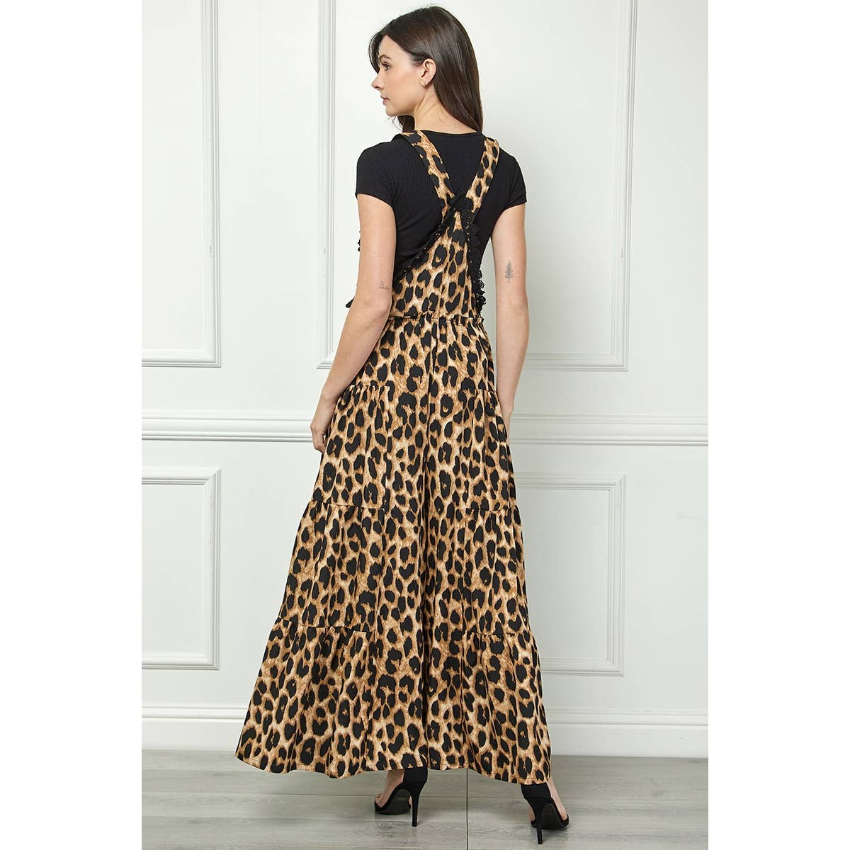Embroidered Strap Flowy Jumpsuit: Leopard