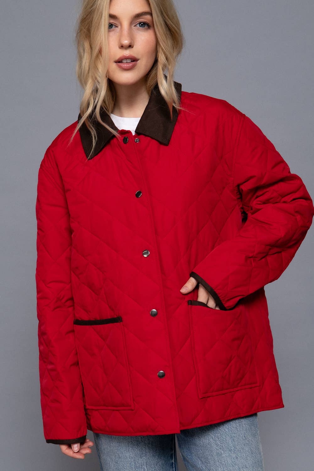 Long Sleeve Contrast Lapel Collar Quilted Puffer Work Jacket: