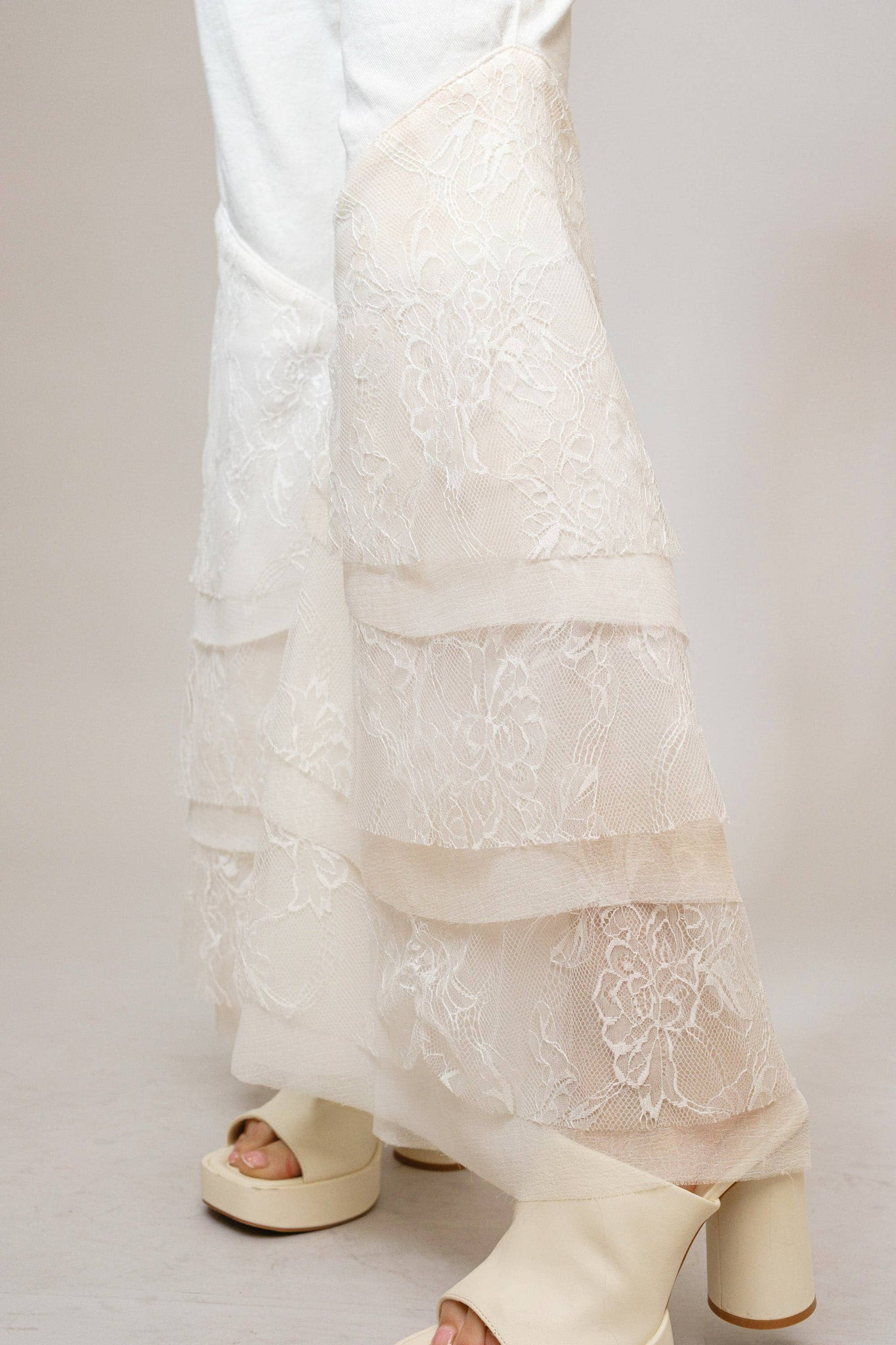 15503P - Mid Rise Lace Tiered Flare Denim Jeans: White