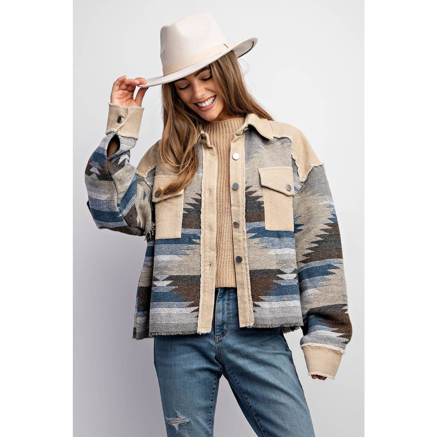 TRIBAL AZTEC PATTERN COLORBLOCK BUTTON DOWN SHIRT JACKET