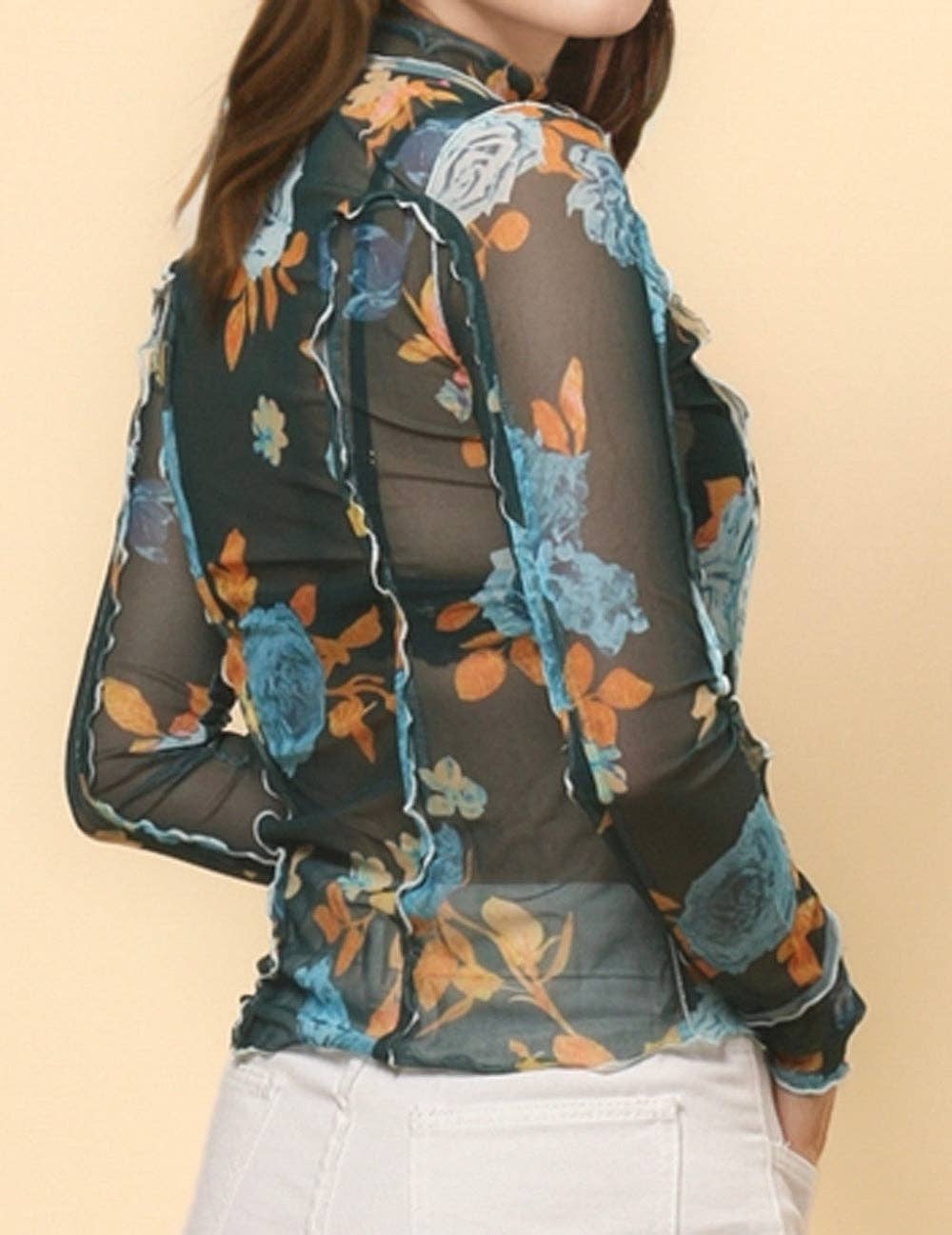 Ladies Floral See Sheer Mesh Layring Top Pullover Blouse SKT4799: Green
