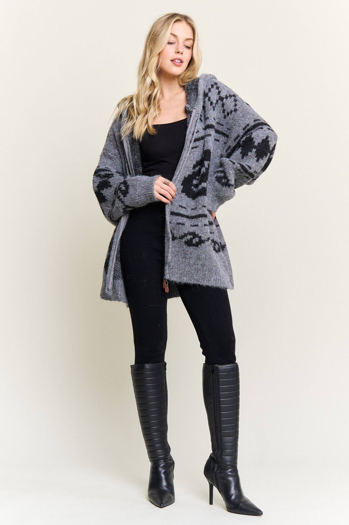 CESW4139-ZIP-UP AZTEC HOODED KNIT CARDIGAN:ONESIZE