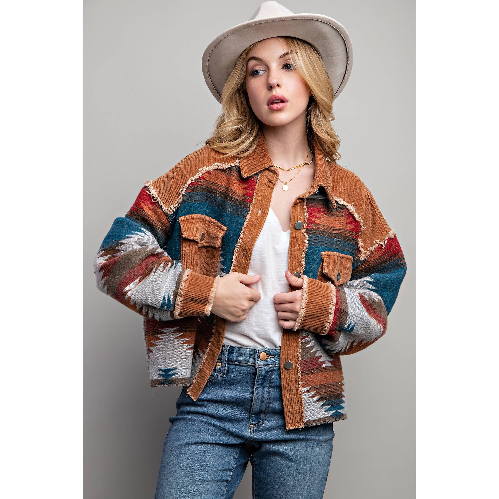 TRIBAL AZTEC PATTERN COLORBLOCK BUTTON DOWN SHIRT JACKET: