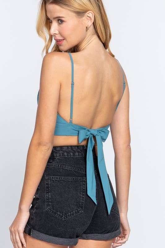 Sleeveless Round Neck With Back Ribbon Tie Cami: Tel-Emerald
