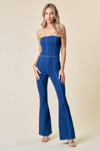 SIR4332A DENIM BLUE TUBE TOP STRAPLESS FLARE DENIM JUMPSUIT