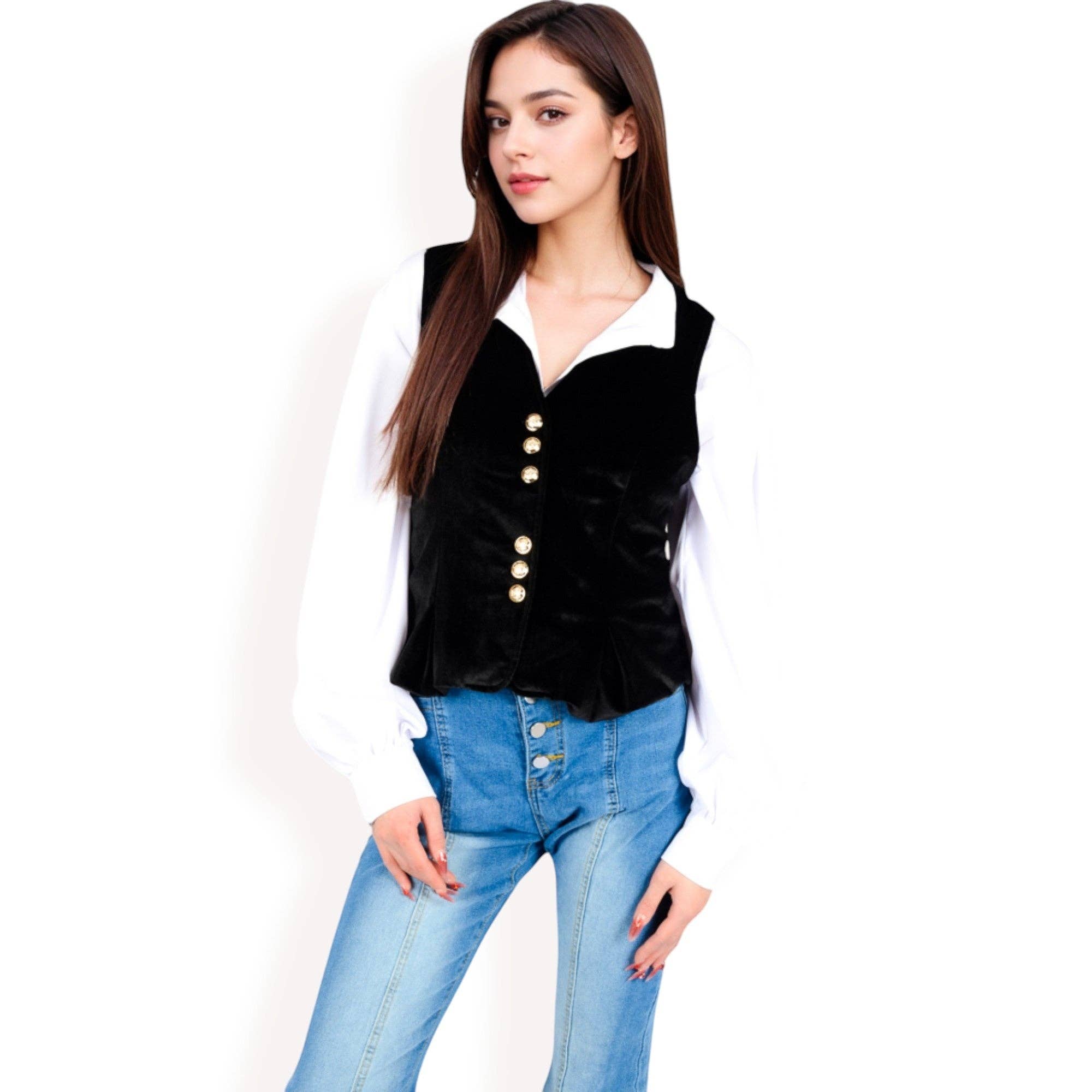 Velvet Peplum Vest with Button Detai: Black