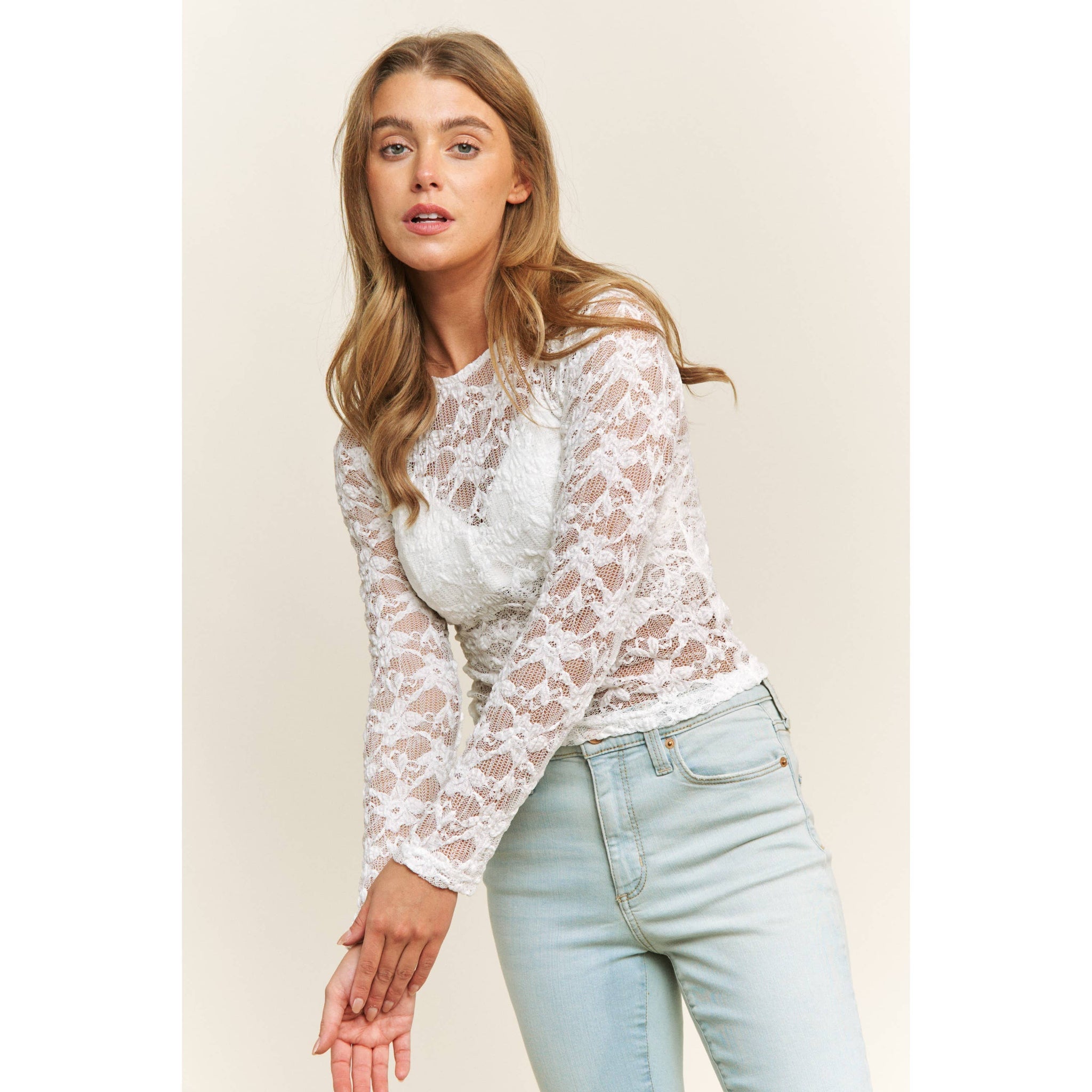 CHIC FLORAL LACE ROUND NECK DESIGN LONG SLEEVE FITTED TOP: White Multi