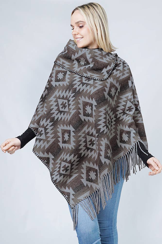 Western Pattern Tassel Poncho: Black